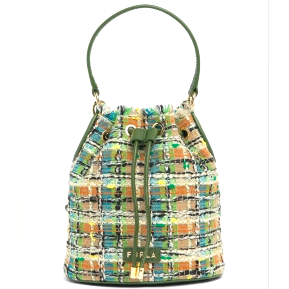 NWT FURLA Mini Clio Tweed Toni Edera Green Leather Handle Bucket Crossbody Bag
